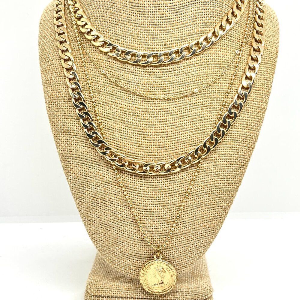 Coin Necklace Gold Tone Layered Multi Chain Modern Statement Queen Medallion